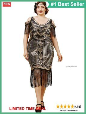 Plus Size 1920s Flapper Dress V Neck Beaded Fringed Gatsby Party Dress
